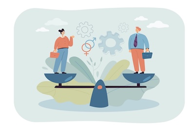 Tiny people standing on weighing dishes of balance scale isolated flat vector illustration. Cartoon smiling man and woman comparing workforce. Gender discrimination and entrepreneurship concept