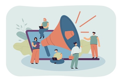 Cartoon tiny managers with giant loudspeaker and laptop. Flat vector illustration. Young people doing business and marketing, attracting customers, promoting goods. Advertisement, marketing concept