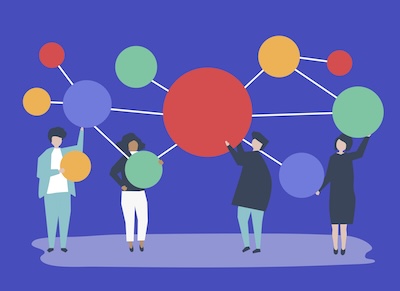 People holding connected copy space circle icons illustration