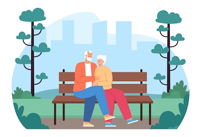 Senior couple sitting on bench in park flat vector illustration. Happy old man and woman hugging, looking at each other with tenderness, spending summer day together. Love, family concept