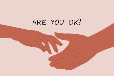 Black hands handshake with handwritten ARE YOU OK? Concept of gesture, sign of help and hope. Two hands took each other. Black ethnic community. Vector illustration in a flat style. 