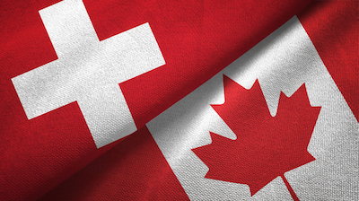 Switzerland and Canada flags together relations textile cloth, fabric texture